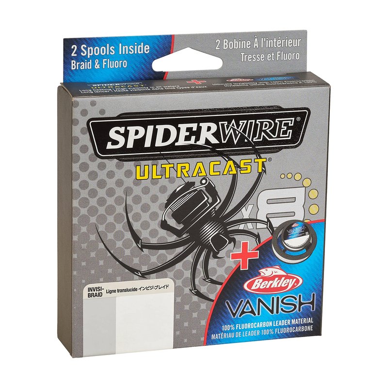 SpiderWire Ultracast Braid Vanish Fluorocarbon Dual Spool, 10lb Translucent Braid with 20lb Clear Fluoro Leader, 164yd | 150m