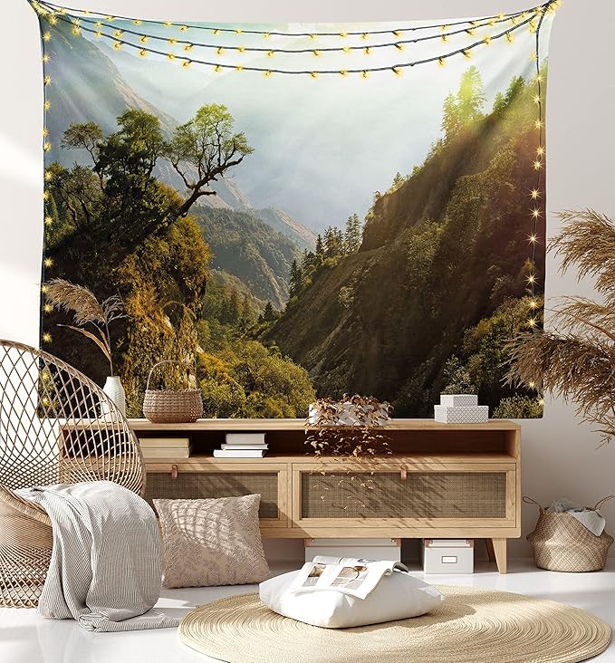 Ambesonne Landscape Tapestry King Size, Forest Nepal Himalaya Mountains Sunlight Majestic Scenery Nature Photo, Wall Hanging Bedspread Bed Cover Wall Decor, 104" X 88", Green Pale Yellow