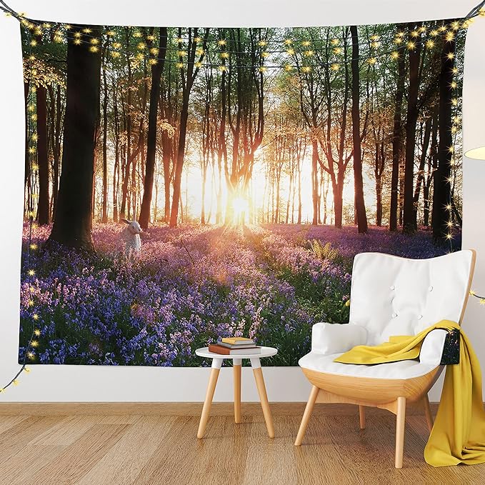 Ambesonne Forest Tapestry King Size, Bluebell Woods Sunrise with White Rabbit Sunny Spring Day in Woodland, Wall Hanging Bedspread Bed Cover Wall Decor, 104" X 88", Purple Green
