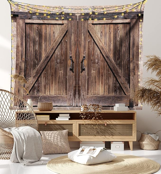 Ambesonne Rustic Tapestry, Wooden Barn Door in Stone Farmhouse Image Vintage Desgin Rural Art Architecture Print, Wide Wall Hanging for Bedroom Living Room Dorm, 60" X 40", Cream Brown