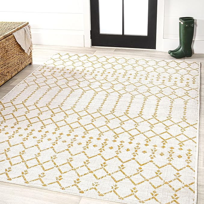 JONATHAN Y Moroccan Geometric Indoor Outdoor Area Rug 5X8 Cream/Yellow, Ourika Textured Weave for Backyard, Patio, Porch, Easy-Cleaning, High Traffic, Pet-Friendly, Non-Shedding (SMB108J-5)
