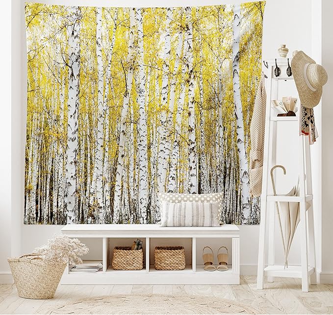 Ambesonne Forest Tapestry King Size, Autumn Birch Forest Golden Yellow Leaves Woodland October Seasonal Nature Picture, Wall Hanging Bedspread Bed Cover Wall Decor, 104" X 88", Yellow Grey