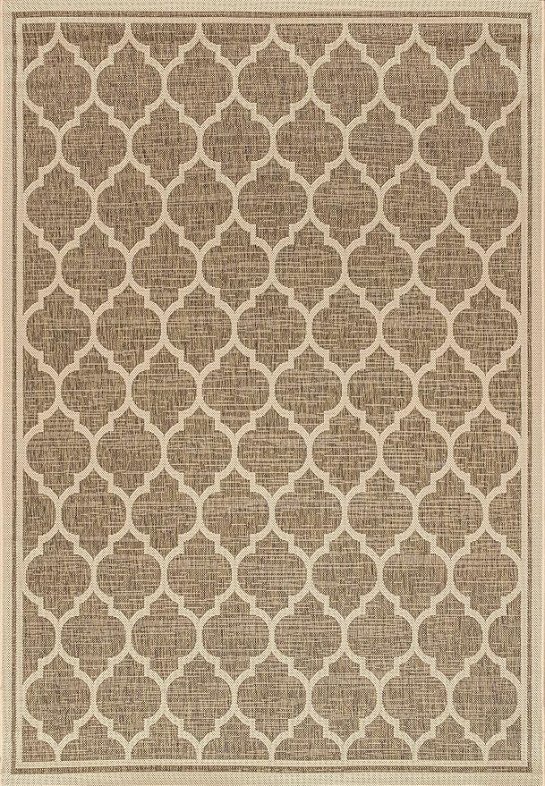 Eyely BMS109A-5 Santa Monica Trebol Moroccan Trellis Textured Weave Indoor/Outdoor Area Rug Coastal;Bohemian, Bedroom, Backyard, Patio, Easy-Cleaning, Non-Shedding, 5 X 8, Brown/Beige