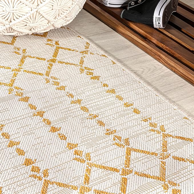 JONATHAN Y SMB108J-210 Ourika Moroccan Geometric Textured Weave Indoor Outdoor Runner Rug, Bohemian, Rustic, Scandinavian Easy-Clean,Bedroom,Kitchen,Backyard,Patio,Non Shedding, Cream/Yellow, 2 X 10
