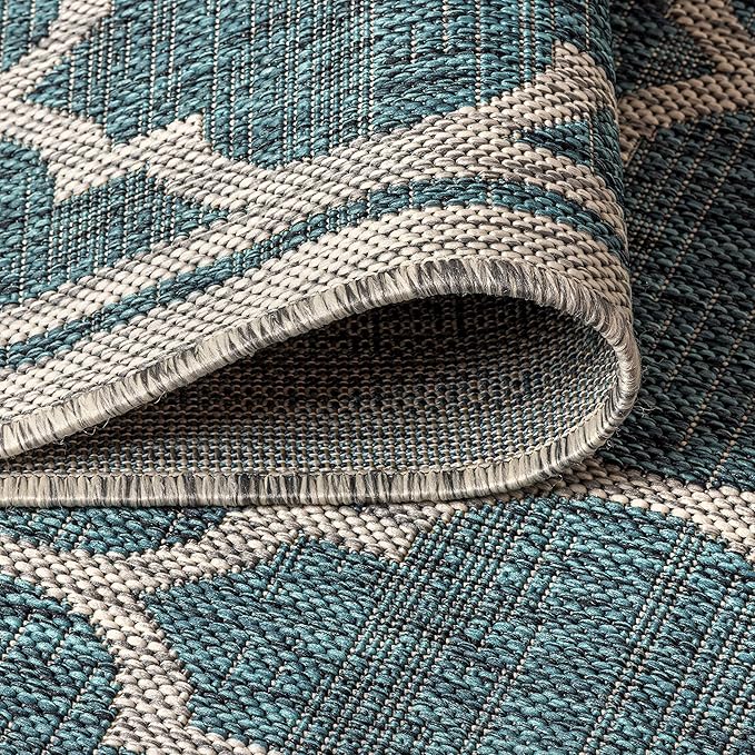 Eyely BMS109E-6SQ Santa Monica Trebol Moroccan Trellis Textured Weave, Pet Friendly, Non-Shedding, Stain Resistant, Easy-Cleaning, Teal/Gray, 6' Square, Indoor/Outdoor, Area Rug