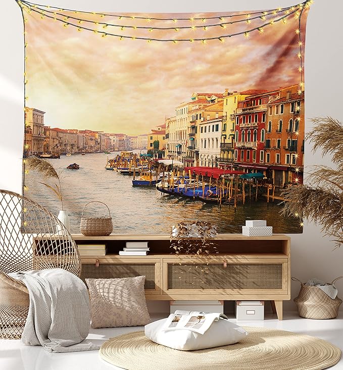 Ambesonne Scenery Tapestry, Venezia City Italian Landscape with Old Houses Gondollas and Spikes Image, Fabric Wall Hanging Decor for Bedroom Living Room Dorm, 28" X 23", Orange Yellow