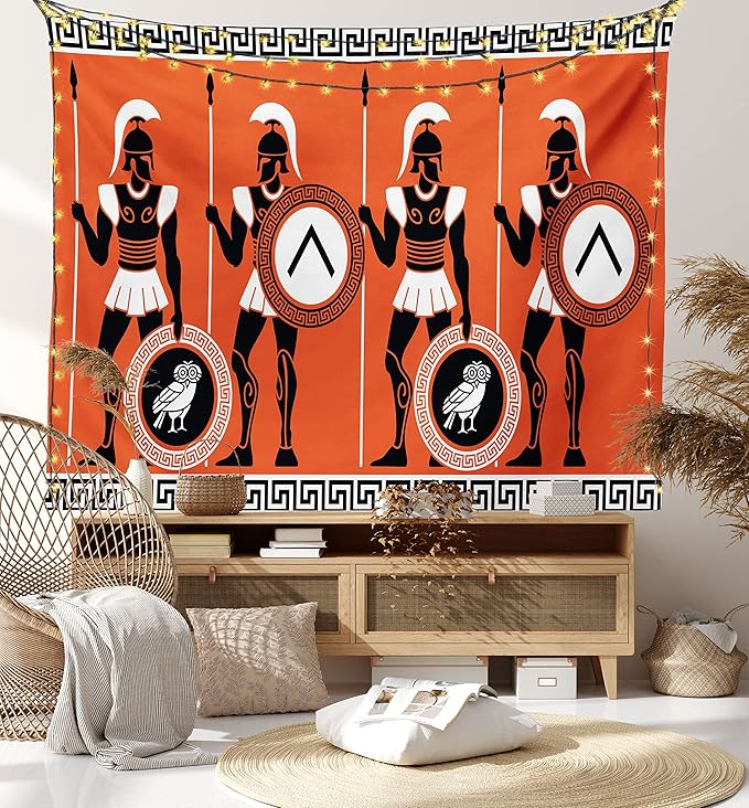 Ambesonne Retro Tapestry King Size, Historical in Greece Theme Cultures, Wall Hanging Bedspread Bed Cover Wall Decor, 104" X 88", Orange Black White