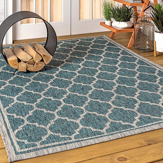 Eyely BMS109E-5 Santa Monica Trebol Moroccan Trellis Textured Weave Indoor/Outdoor Area Rug Coastal;Bohemian, Bedroom, Backyard, Patio, Easy-Cleaning, Non-Shedding, 5 X 8, Teal/Gray