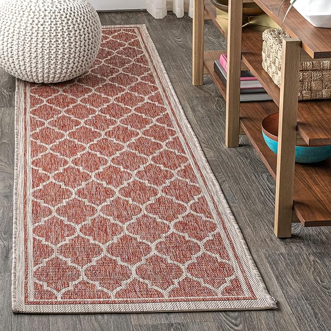 Eyely BMS109C-214 Santa Monica Trebol Moroccan Trellis Textured Weave, Pet Friendly, Non-Shedding, Stain Resistant, Easy-Cleaning, Red/Beige, 2 ft. x 14 ft., Indoor/Outdoor, Runner Rug