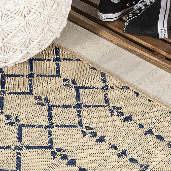 JONATHAN Y SMB108H-210 Ourika Moroccan Geometric Textured Weave Indoor Outdoor Runner Rug, Coastal,Traditional,Transitional Easy Clean,Bedroom,Kitchen,Backyard,Patio, Non-Shed, Beige/Navy, 2 X 10