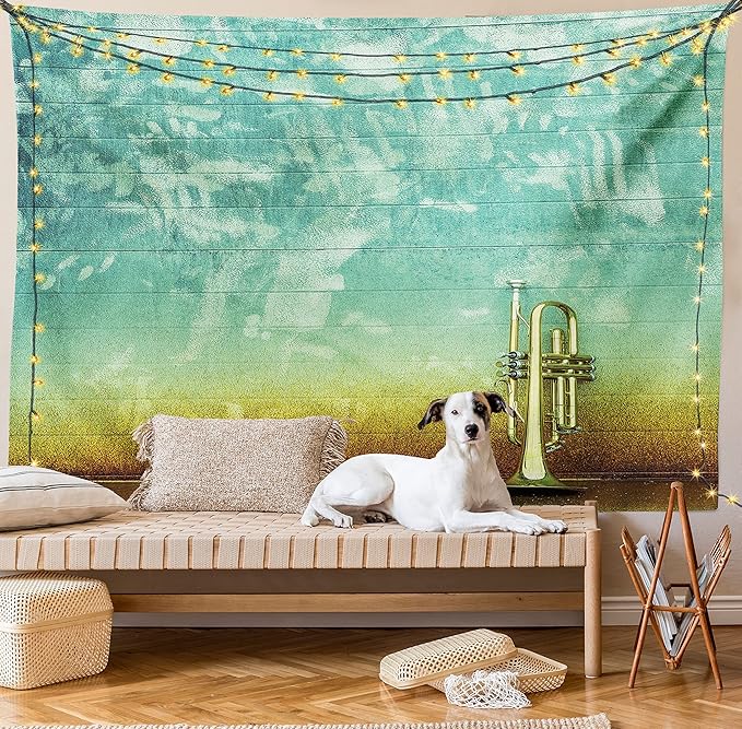 Ambesonne Music Tapestry, Old Aged Worn Single Trumpet Stands Alone Against a Faded Wall Jazz Theme Photo, Fabric Wall Hanging Decor for Bedroom Living Room Dorm, 23" X 28", Teal Brown