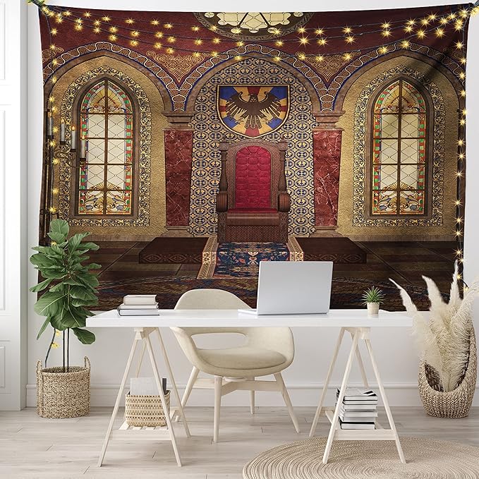 Ambesonne Gothic Tapestry, Red Medieval in Chapel Eagle Portrait on Wall Fantasy Building Print, Fabric Wall Hanging Decor for Bedroom Living Room Dorm, 45" X 30", Brown Ruby