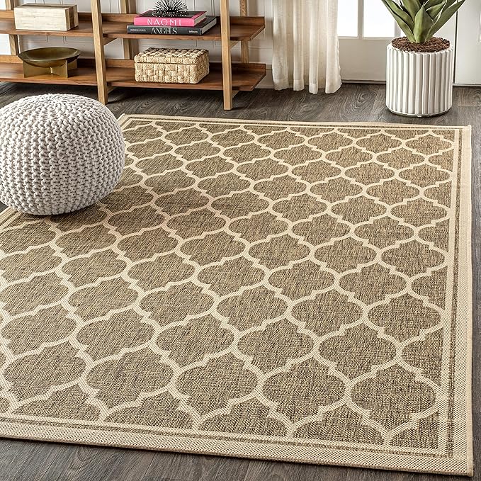Eyely BMS109A-5 Santa Monica Trebol Moroccan Trellis Textured Weave Indoor/Outdoor Area Rug Coastal;Bohemian, Bedroom, Backyard, Patio, Easy-Cleaning, Non-Shedding, 5 X 8, Brown/Beige