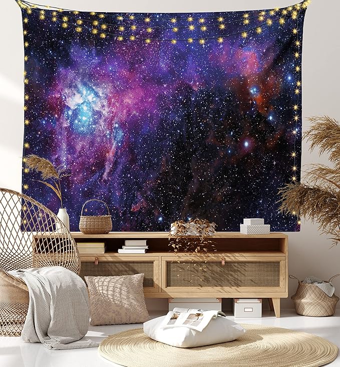Ambesonne Galaxy Tapestry, Starry Night Nebula Cloud Celestial Theme Image Space Art Elements Print, Wide Wall Hanging for Bedroom Living Room Dorm, 60" X 40", Black Purple Blue