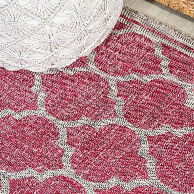 Eyely BMS109H-5R Santa Monica Trebol Moroccan Trellis Textured Weave Indoor/Outdoor Area Rug Coastal;Bohemian, Bedroom, Backyard, Patio, Easy-Cleaning, Non-Shedding, 5' Round, Fuchsia/Light Gray