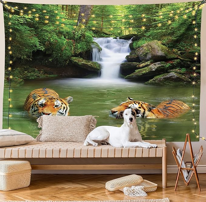 Ambesonne Savannah Tapestry King Size, Siberian Tigers in Water Waterfall Pool Woodland Swimming Natural, Wall Hanging Bedspread Bed Cover Wall Decor, 104" X 88", Reseda Green Orange