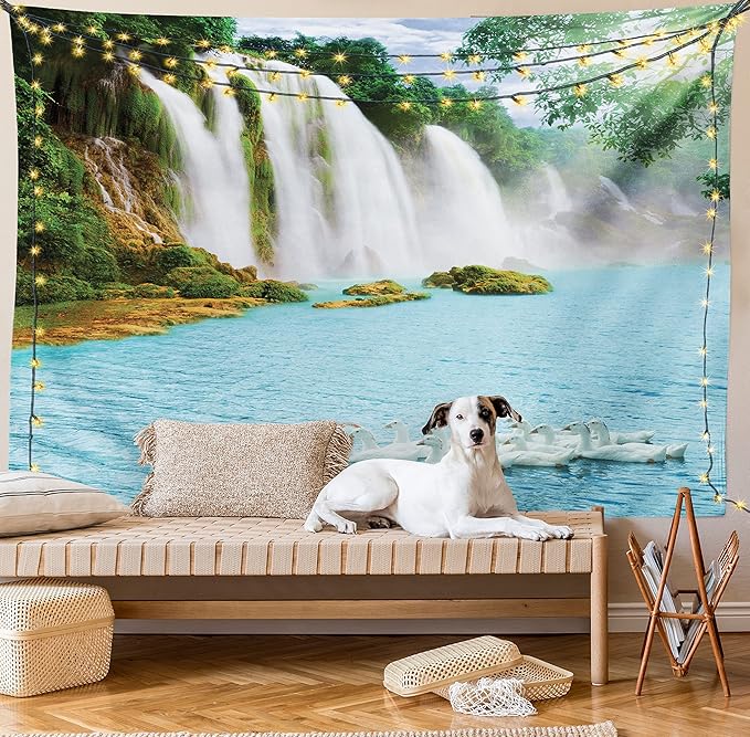 Ambesonne Waterfall Tapestry Queen Size, Image of a Grand Waterfall with Swans in the Lake Sunny Day Nature Print, Wall Hanging Bedspread Bed Cover Wall Decor, 88" X 88", White Green