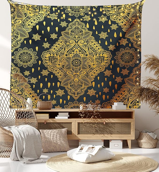 Ambesonne Mandala Tapestry, Bohemian Paisley Ornament Tattoo Vintage Design Print, Fabric Wall Hanging Decor for Bedroom Living Room Dorm, 23" X 28", Charcoal Grey