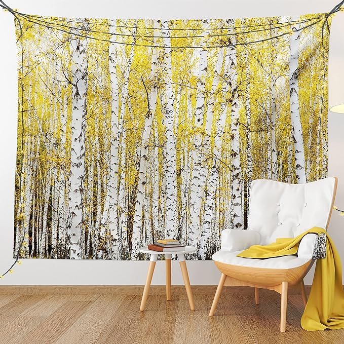 Ambesonne Forest Tapestry King Size, Autumn Birch Forest Golden Yellow Leaves Woodland October Seasonal Nature Picture, Wall Hanging Bedspread Bed Cover Wall Decor, 104" X 88", Yellow Grey