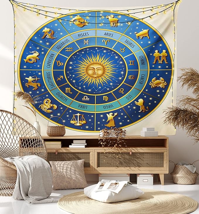 Ambesonne Astrology Tapestry Twin Size, Wheel of Astrological Signs Names Dates Moon Sun in Middle, Wall Hanging Bedspread Bed Cover Wall Decor, Twin Size, Blue Yellow and Cream