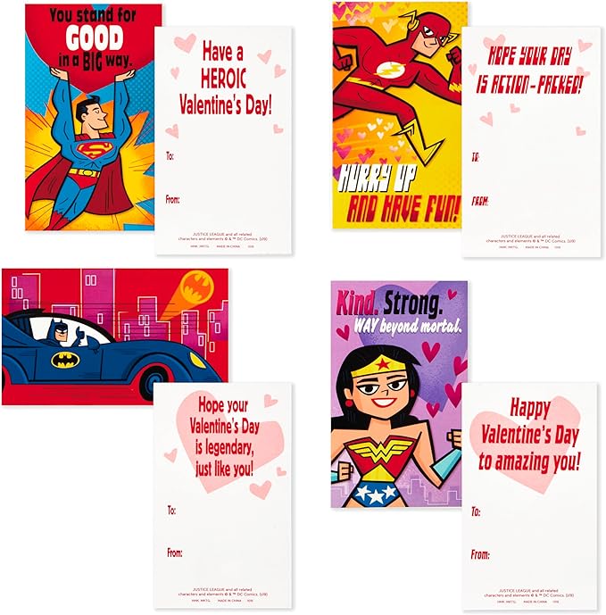 Hallmark Justice League Valentines Day Cards and Mailbox for Kids School Classroom Exchange (1 Box, 32 Valentine Cards, 35 Stickers, 1 Teacher Card)