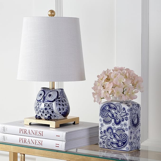 JONATHAN Y 16" Blue/White Ceramic Owl Mini Table Lamp for Bedroom or Office, Modern Farmhouse Nightstand Lamp with White Linen Shade, LED Bulb Included JYL3014A