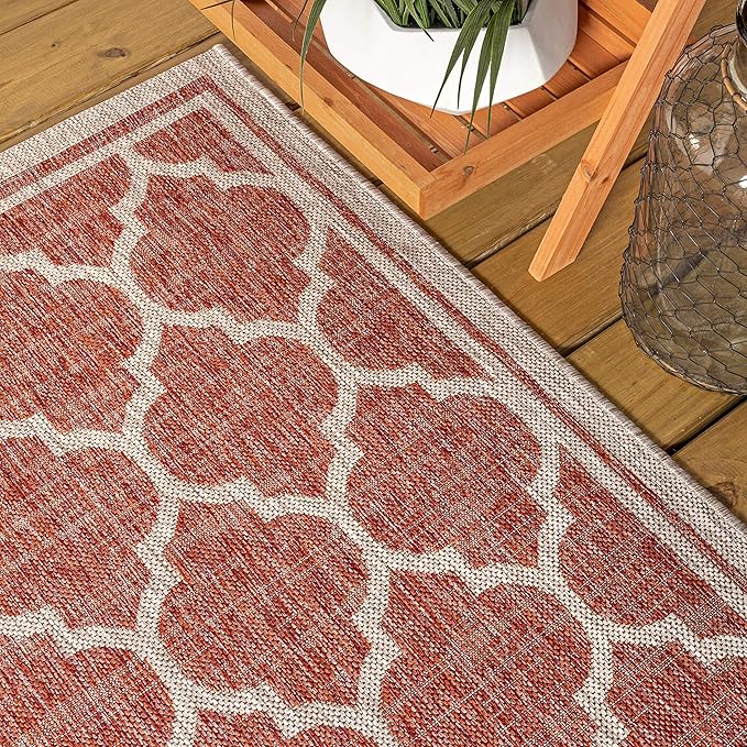Eyely BMS109C-28 Santa Monica Trebol Moroccan Trellis Textured Weave Indoor/Outdoor Runner Rug Coastal;Bohemian, Bedroom, Backyard, Patio, Easy-Cleaning, Non-Shedding, 2 X 8, Red/Beige
