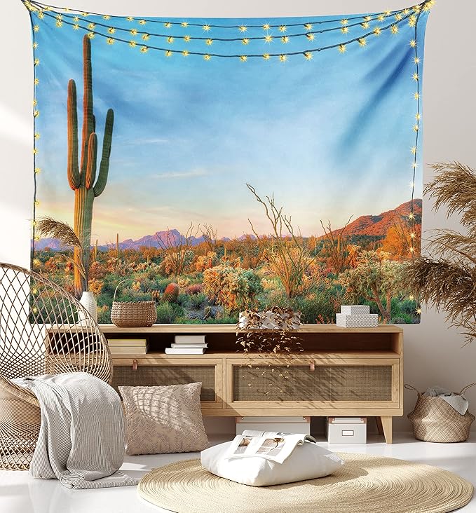 Ambesonne Saguaro Tapestry King Size, Sun Goes down in Desert Prickly Pear Cactus Southwest Texas National Park, Wall Hanging Bedspread Bed Cover Wall Decor, 104" X 88", Orange and Blue