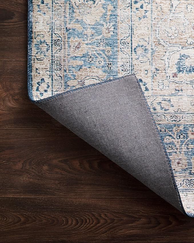 Loloi Layla Collection LAY-07 Blue/Tangerine 2'-0" x 5'-0" .13" Thick Accent Rug, Soft, Durable, Vintage Inspired, Distressed, Low Pile, Non-Shedding, Easy Clean, Printed, Living Room Rug