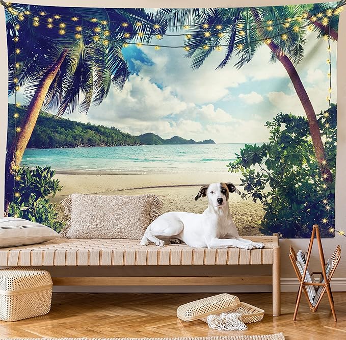 Ambesonne Palm Tree Tapestry Twin Size, Summer Beach Vintage Style Tropical Sunset Picture Print, Wall Hanging Bedspread Bed Cover Wall Decor, 68" X 88", Dark Green Sand Brown