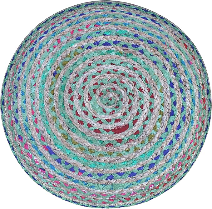 SIMPLIHOME Margo Round Pouf - 20 inch Wide Handwoven Jute and Cotton Braided Ottoman in Green, Boho-Style Footstool or Extra Seating for Living Room or Bedroom with Polystyrene Bead Filling, Assembled