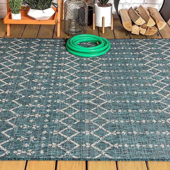JONATHAN Y Moroccan Geometric Indoor Outdoor Area Rug 8X10 Teal/Gray, Ourika Textured Weave for Backyard, Patio, Porch, Easy-Cleaning, High Traffic, Pet-Friendly, Non-Shedding (SMB108C-8)