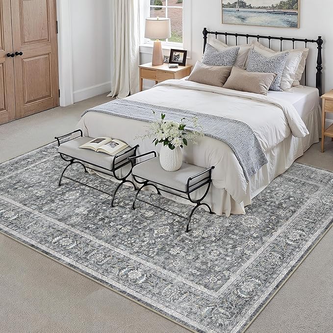 Blue 6x9 Area Rug Non Slip Vintage Living Room Distressed Machine Washable Carpet Retro Indoor Bedroom Traditional Floral Accent Throw Rug for Office Kitchen Dorm Dining Room