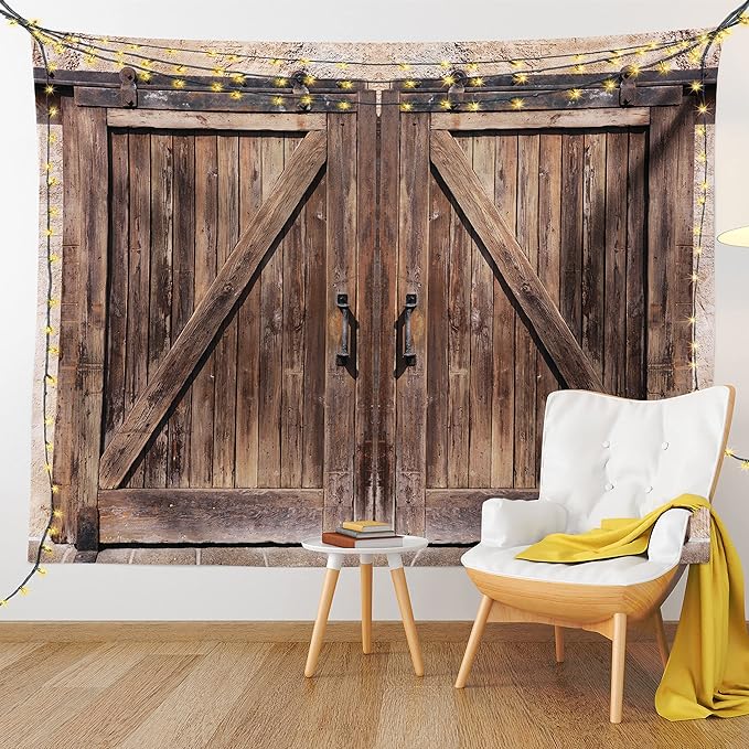 Ambesonne Rustic Tapestry, Wooden Barn Door in Stone Farmhouse Image Vintage Desgin Rural Art Architecture Print, Fabric Wall Hanging Decor for Bedroom Living Room Dorm, 45" X 30", Cream Brown