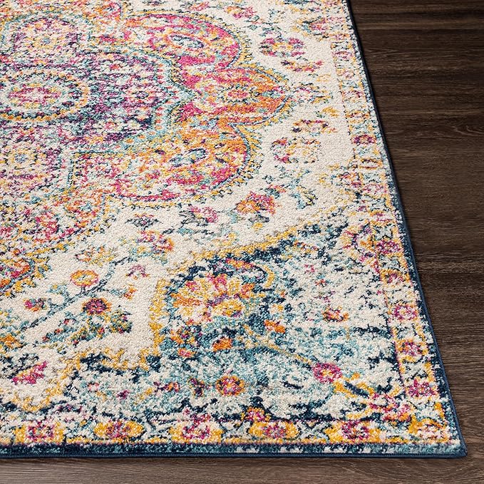 Livabliss Area Rugs - 7x7 Romaine Vintage Boho Fuchsia Mustard Blue Square Area Rug for Living Room Bedroom - Floral Medallion Stain Resistant Carpet for Kitchen, Nursery, Office (6'7" Square)