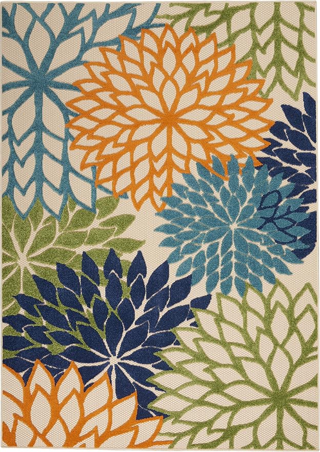 Nourison Aloha Indoor/Outdoor Multicolor 5'3" x 7'5" Area Rug, Tropical, Botanical, Easy Clean, Non Shedding, Bed Room, Living Room, Dining Room, Deck, Backyard, Patio (5x7)