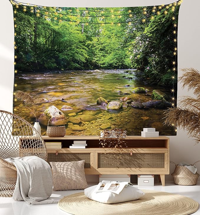 Ambesonne Appalachian Tapestry, Oconaluftee River at Smoky Mountains National Park, Fabric Wall Hanging Decor for Bedroom Living Room Dorm, 28" X 23", Lime Green Charcoal Grey