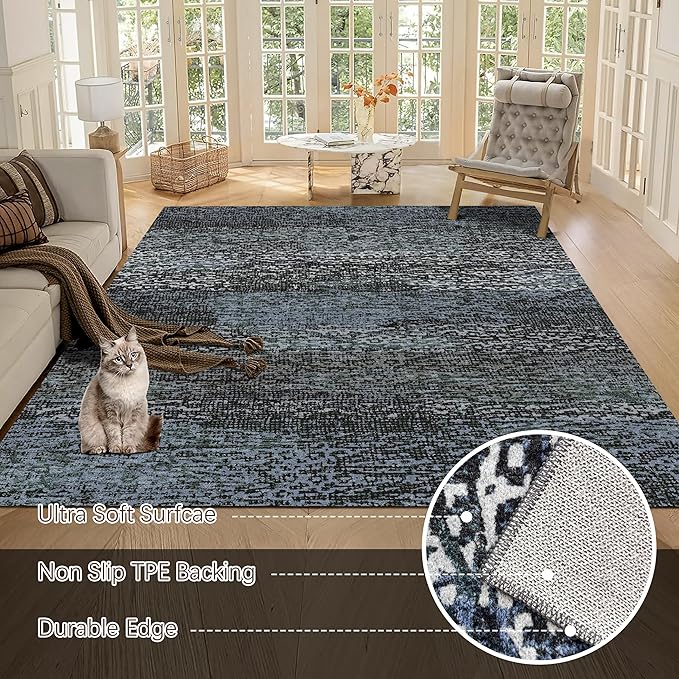 RUGSURE Washable Area Rug - 1/6 Thick - Stain & Water Resistant Non-Slip - Resistant Rug for Living Room, Bedroom, Nursery, Pet & Child Friendly, Vintage Charm Area Rugs (Darkgrey+Bule, 9' x 12')