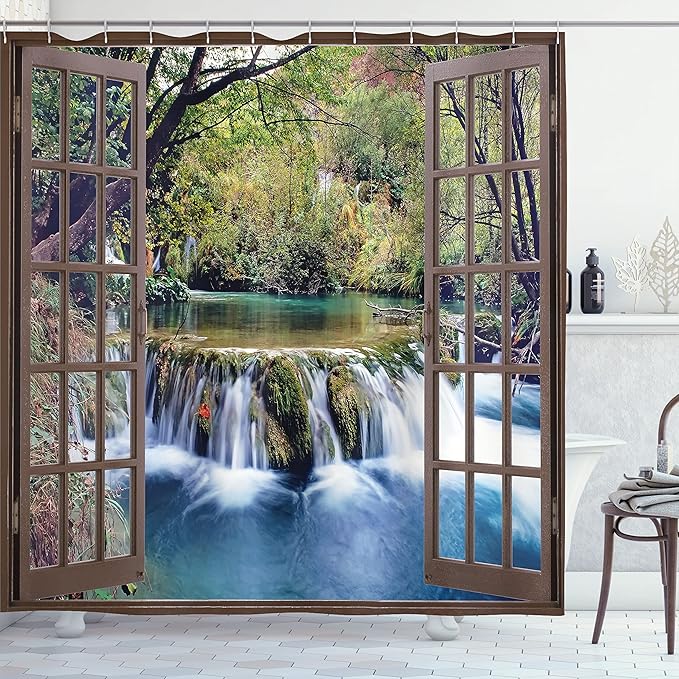 Ambesonne Waterfall Shower Curtain, Wide Waterfall Deep Down in The Forest Seen from a City Window Epic Surreal Print, Cloth Fabric Bathroom Decor Set with Hooks, 69" W x 75" L, Forest Green