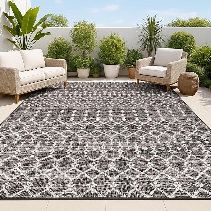 JONATHAN Y Moroccan Geometric Indoor Outdoor Area Rug 5X8 Black/Gray, Ourika Textured Weave for Backyard, Patio, Porch, Easy-Cleaning, High Traffic, Pet-Friendly, Non-Shedding (SMB108F-5)