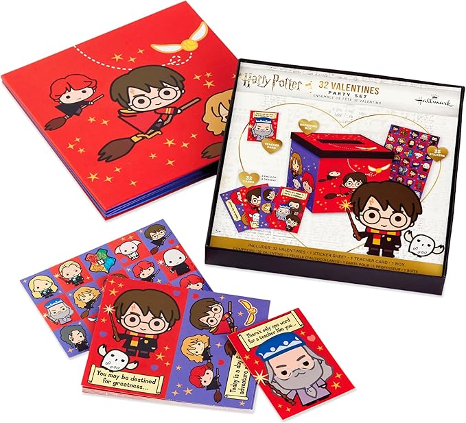 Hallmark Harry Potter Valentines Day Cards and Mailbox for Kids School Classroom Exchange (1 Box, 32 Valentine Cards, 35 Stickers, 1 Teacher Card)