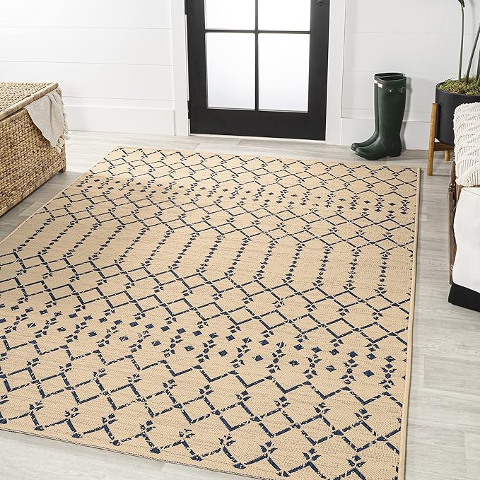 JONATHAN Y Moroccan Geometric Indoor Outdoor Area Rug 9X12 Beige/Navy, Ourika Textured Weave for Backyard, Patio, Porch, Easy-Cleaning, High Traffic, Pet-Friendly, Non-Shedding (SMB108H-9)
