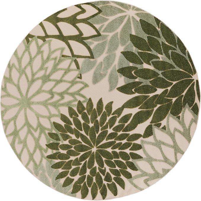 Nourison Home Aloha Indoor/Outdoor Ivory Green 5'3" x Round Area Rug, Easy Cleaning, Non-Shedding, Bed Room, Living Room, Dining Room, Backyard, Patio, Deck (5 Round)