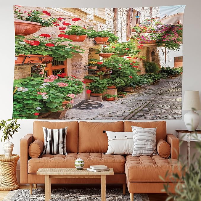 Ambesonne Italian Tapestry King Size, Street View of a Small Renaissance Town with Floral Porches and Rock Mediterranean, Wall Hanging Bedspread Bed Cover Wall Decor, 104" X 88", Pale Brown