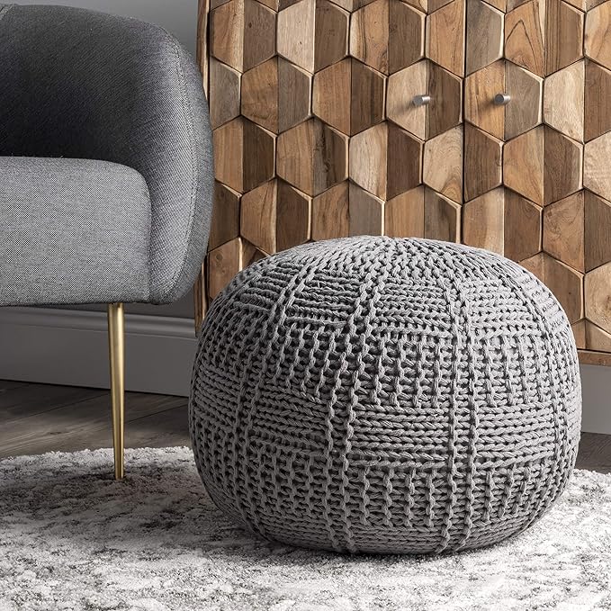 nuLOOM Berlin Casual Knitted Filled Ottoman Pouf 14" x 20" x 20" Grey