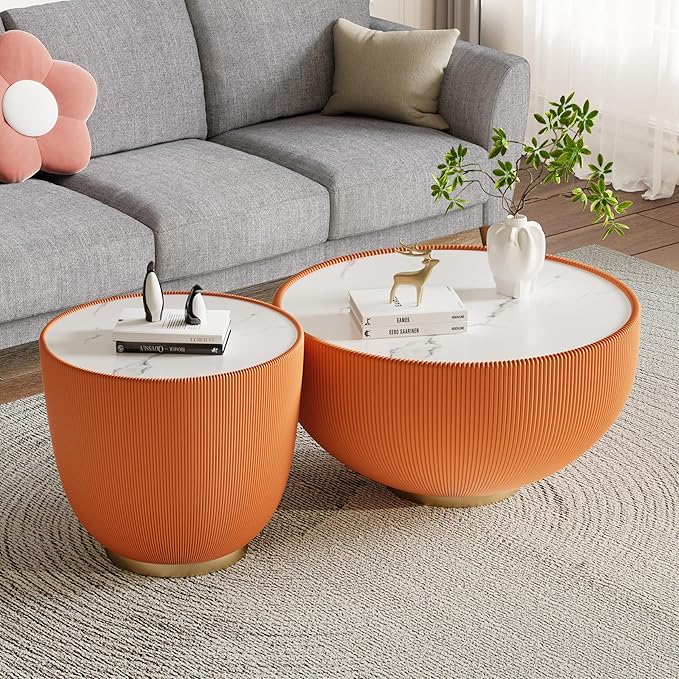 Round Coffee Table Set with Sintered Stone Tabletop, 29.53" Orange Drum Center Table and 19.69" Orange Coffee Table Set, 2 Pieces Living Room Table Set with Fluted PU Leather Cover&Metal Base