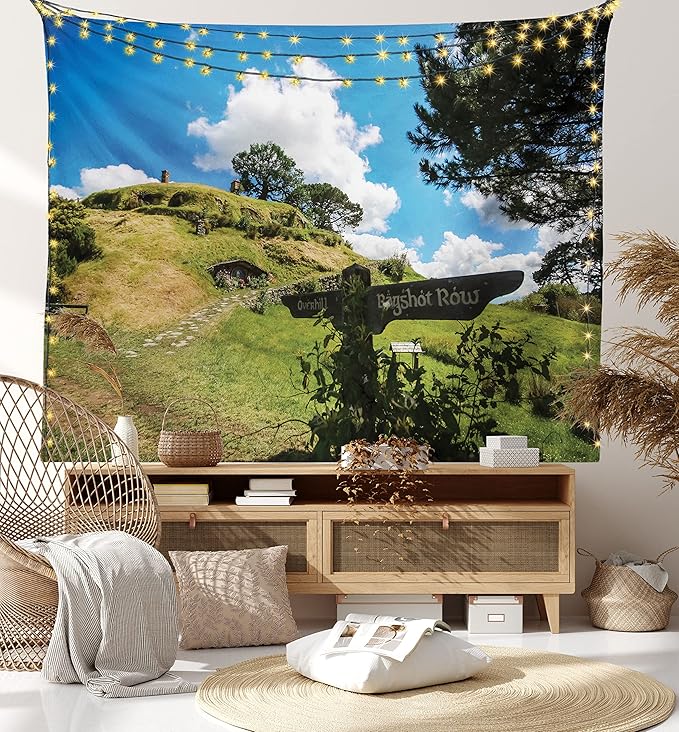Ambesonne Hobbits Tapestry, Overhill Hobbit Village in Matamata New Zealand Fantasy Scene House Image Print, Fabric Wall Hanging Decor for Bedroom Living Room Dorm, 28" X 23", Green Blue