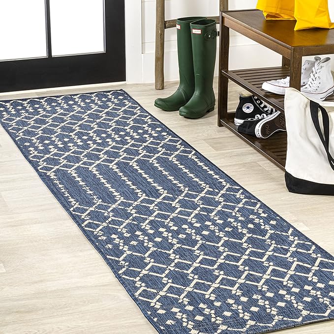 JONATHAN Y SMB108K-210 Ourika Moroccan Geometric Textured Weave Indoor Outdoor Runner Rug, Bohemian Coastal Traditional Easy-Cleaning,Bedroom,Kitchen,Backyard,Patio,Non Shedding, 2 X 10, Navy/Beige