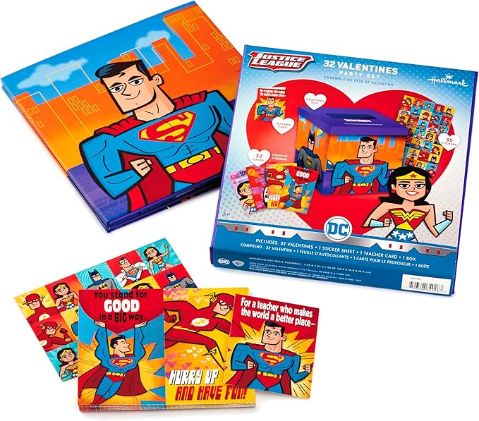 Hallmark Justice League Valentines Day Cards and Mailbox for Kids School Classroom Exchange (1 Box, 32 Valentine Cards, 35 Stickers, 1 Teacher Card)