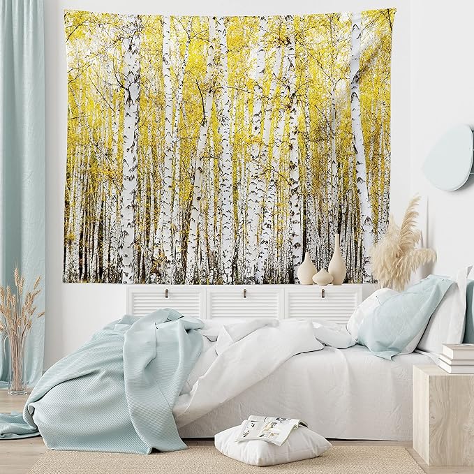 Ambesonne Forest Tapestry King Size, Autumn Birch Forest Golden Yellow Leaves Woodland October Seasonal Nature Picture, Wall Hanging Bedspread Bed Cover Wall Decor, 104" X 88", Yellow Grey